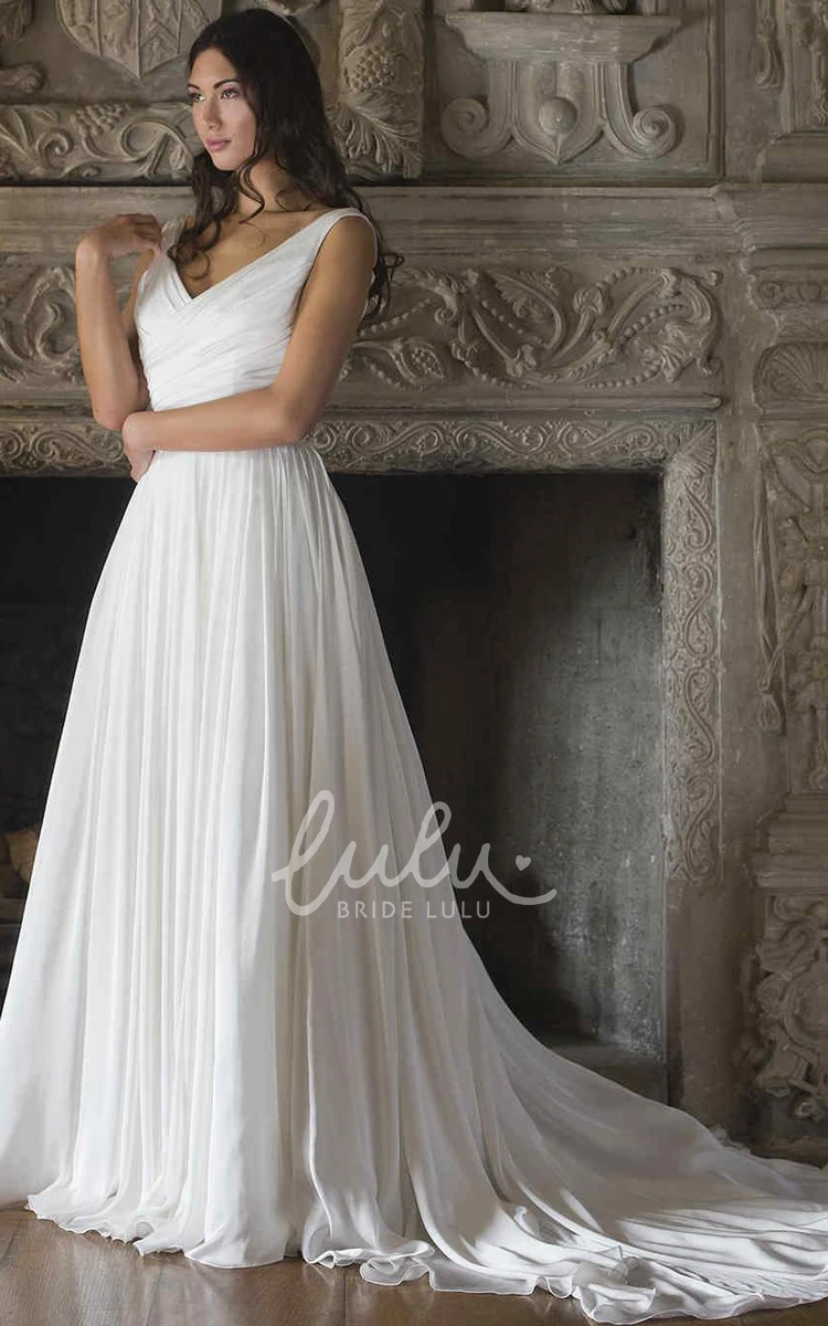 Sleeveless V-Neck Chiffon A-Line Wedding Dress with Ruching and Backless Design Flowy Bridal Gown