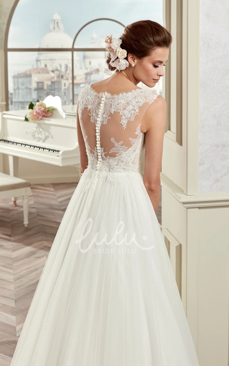 Draping Jewel-Neck Wedding Dress with Illusive Design and Cap Sleeves