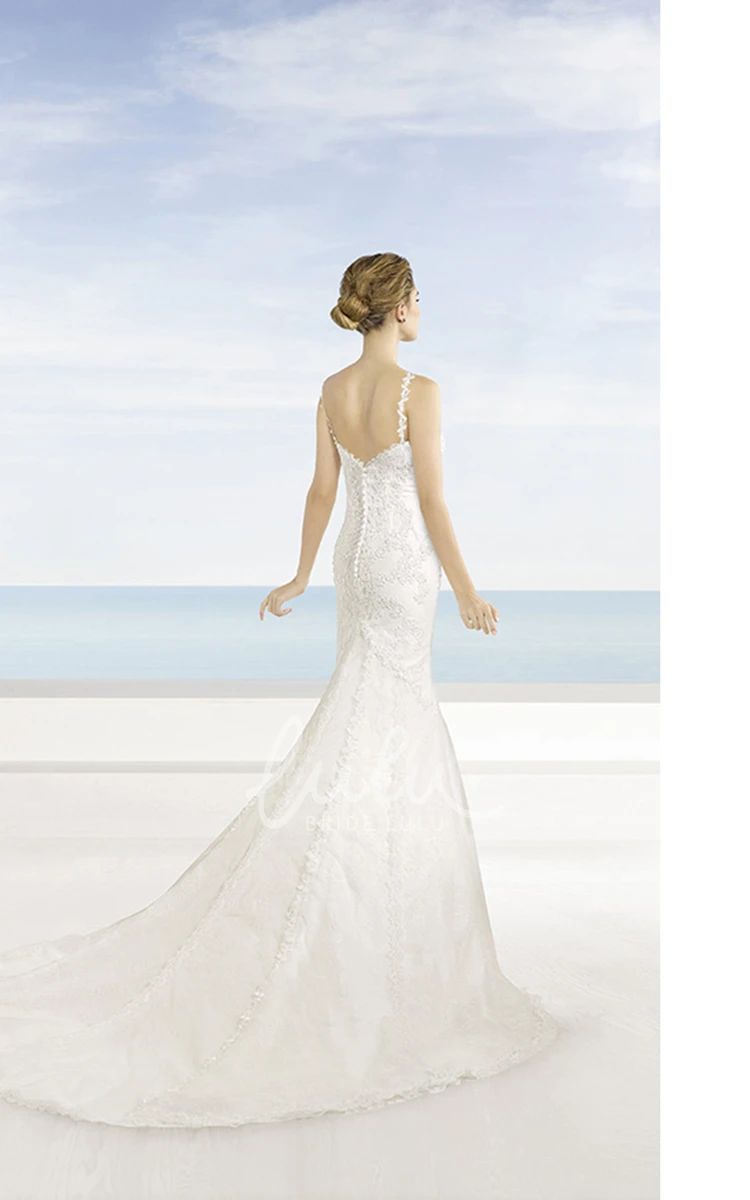 Lace Appliqued Mermaid Wedding Dress Spaghetti Sleeveless Floor-Length with Low-V Back and Court Train