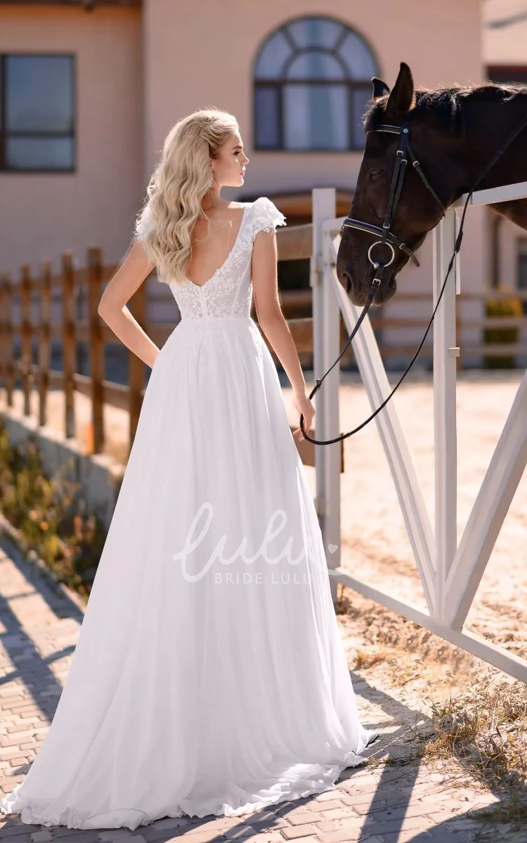 A-Line Chiffon Adorable Floor Length Sexy Front and Back Deep V-Neck Wedding Dress With Applique