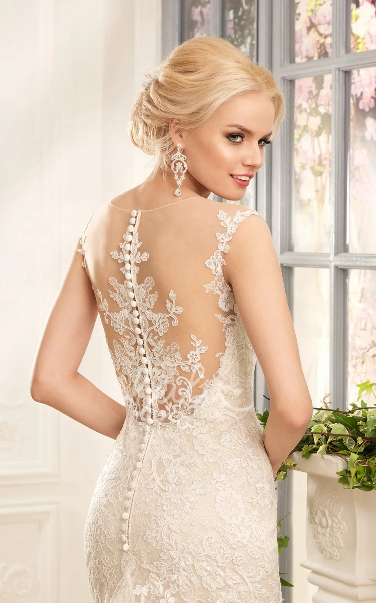 Illusion Lace Tulle Sheath Dress with Cap Sleeves Wedding Dress