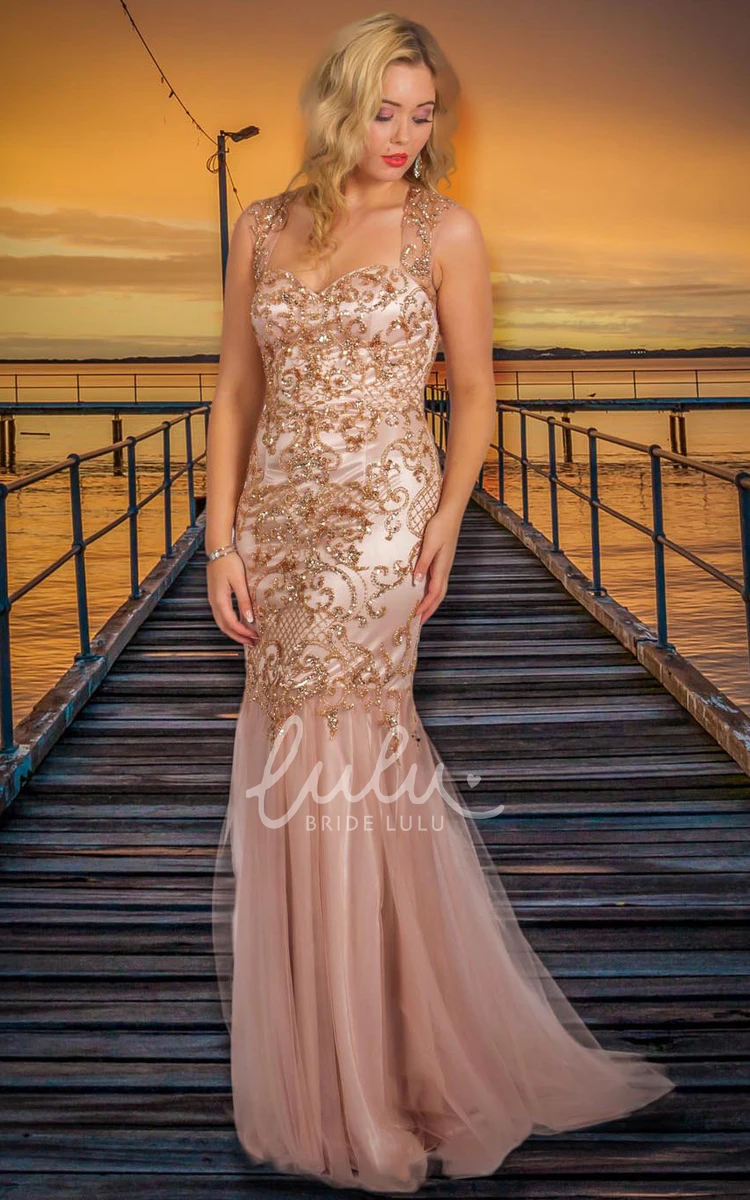 Sleeveless Beaded Tulle&Satin Prom Dress with Sequins Sheath Long Strapped Classy