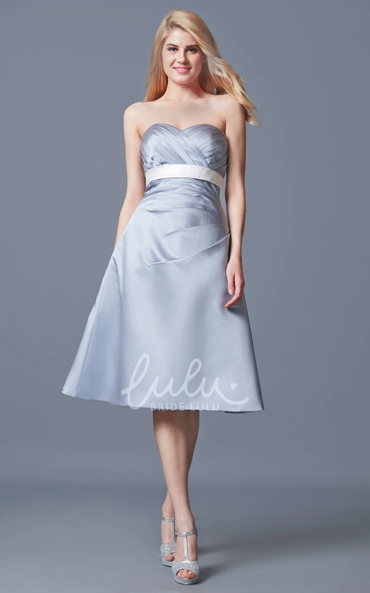 Tea Length Satin Strapless A-line Bridesmaid Dress with Ruching