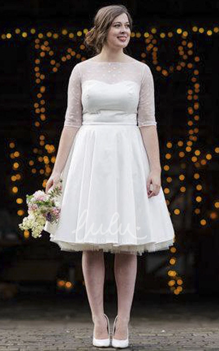 Vintage Satin Tea Length Wedding Dress with Dotted Tulle Bodice