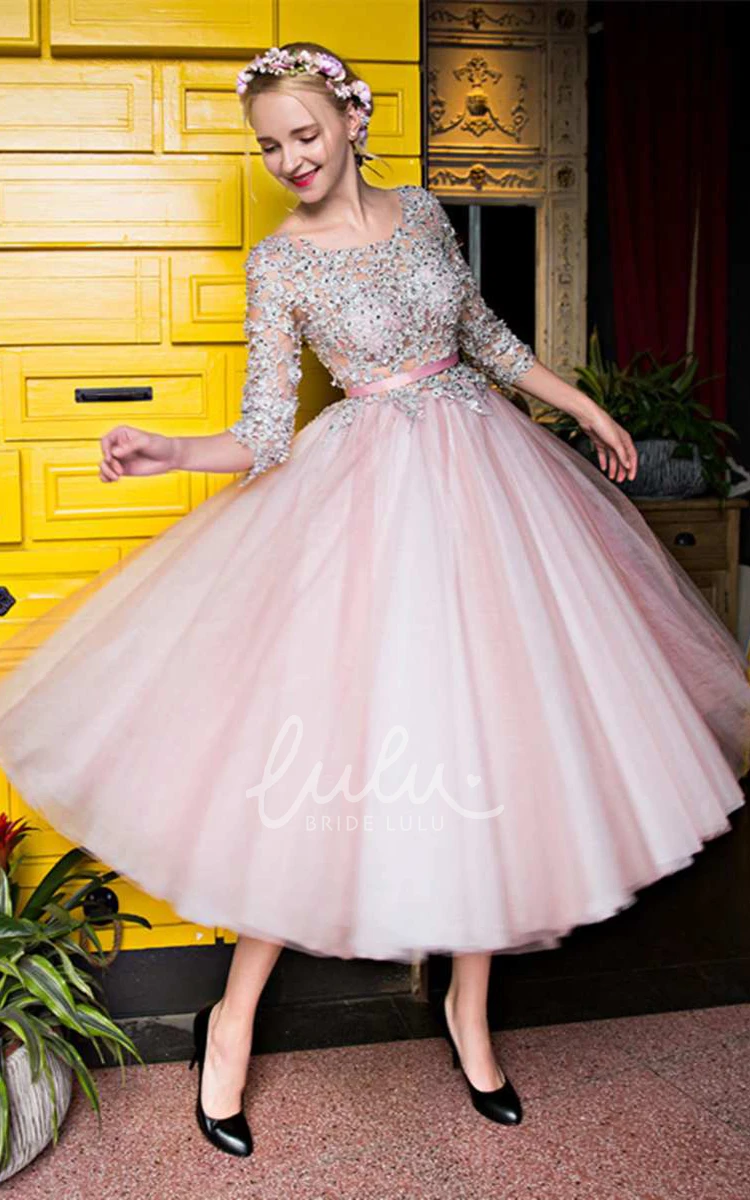 Tea Length Tulle Dress with Lace Sleeves Scoop Neck & 3-4 Sleeves