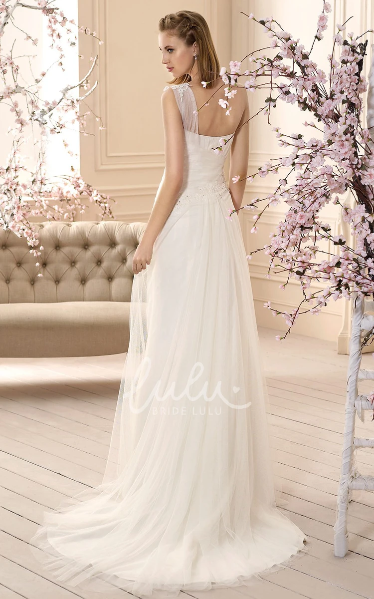 Ruched Tulle One-Shoulder Wedding Dress with Appliques Sleeveless
