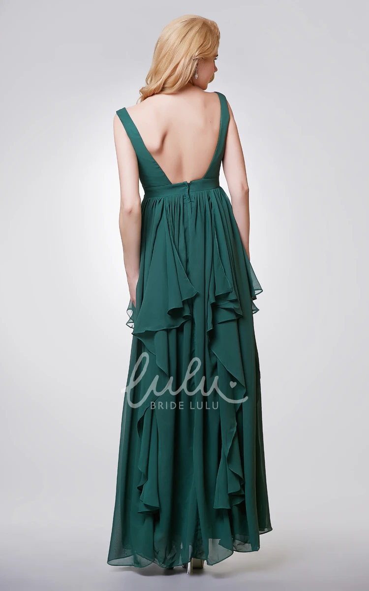 Long Chiffon A-line Bridesmaid Dress with V-neck Sleeveless and Tiers