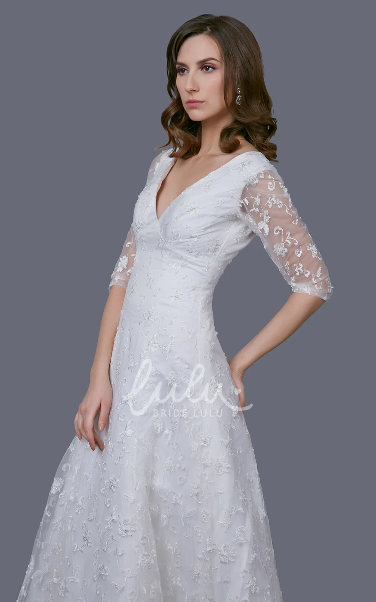 V-neckline Tea Length Gown with Illusion Sleeve and Embroidery Modern Wedding Dress