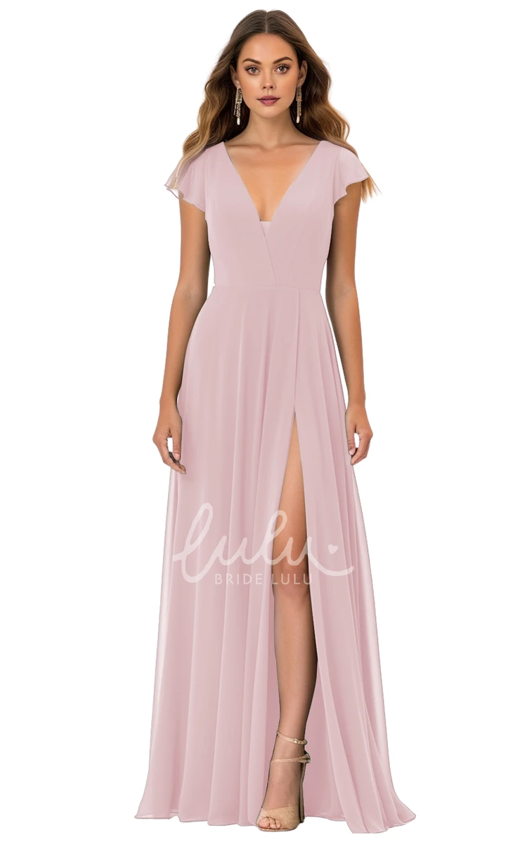 A-Line V-neck Chiffon Bridesmaid Dress with Split Front Modest and Classy