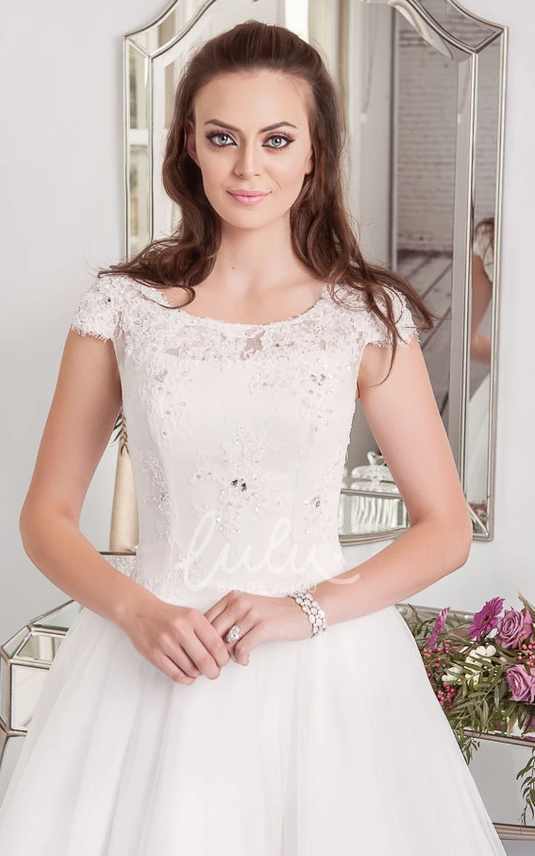 Beaded Tulle Wedding Dress with Appliques Cap-Sleeve Ball Gown with Scoop Neckline