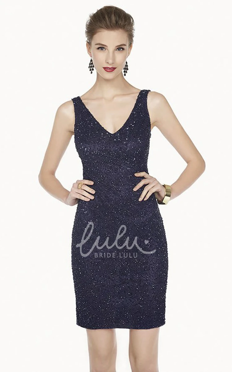 V Neck Sheath Prom Dress with Allover Beadings and Straps Modern and Chic Formal Dress