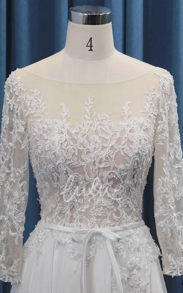 A-line Lace Top Wedding Dress with 3/4 Sleeves and Chiffon Ruching