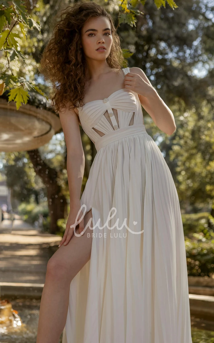 Casual Straps Sleeveless Satin Wedding Dress with Illusion Long Train