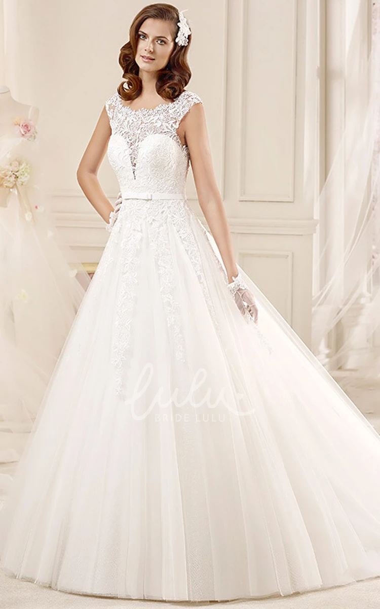 Illusive Lace Cap-sleeve Wedding Dress with Brush Train Scalloped Neck and Timeless