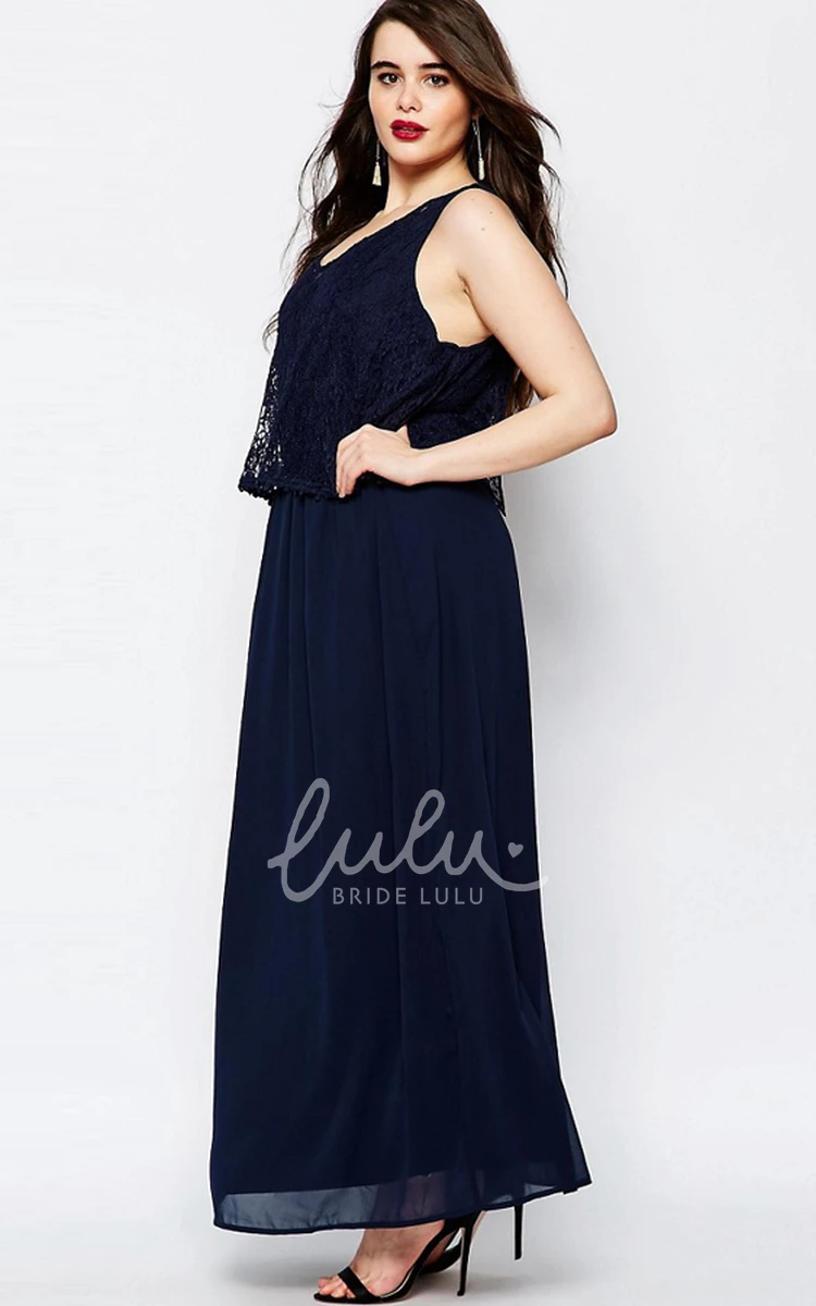 Lace Chiffon Sleeveless Bridesmaid Dress with V-Neck Ankle-Length