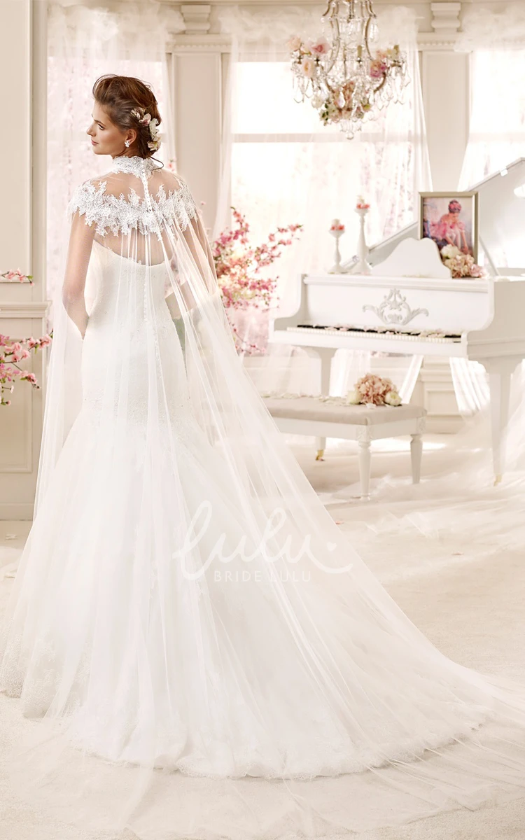 Mermaid Wedding Dress with High-neck Applique and Long Tulle Cap Modern Wedding Dress