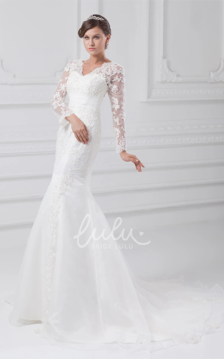 Mermaid Wedding Dress Modest Long-Sleeve Scalloped-Neck with Appliques