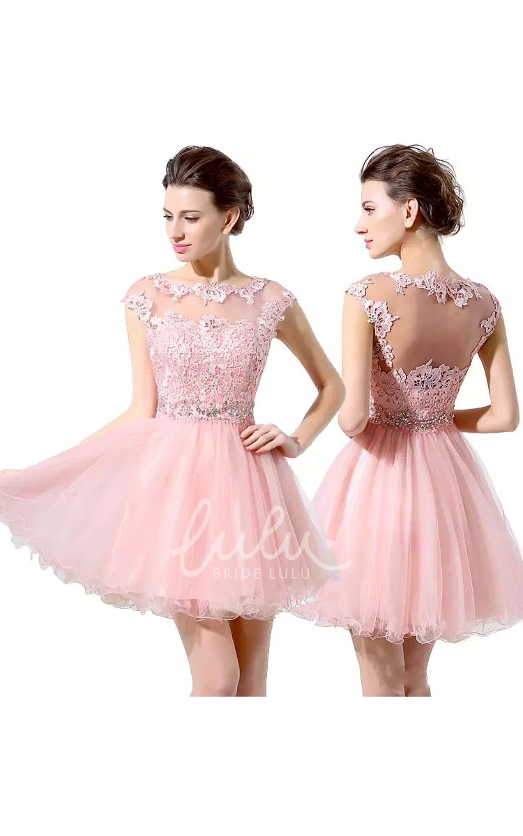 A-line Lace Tulle Short Mini Homecoming Dress with Beading and Pleats