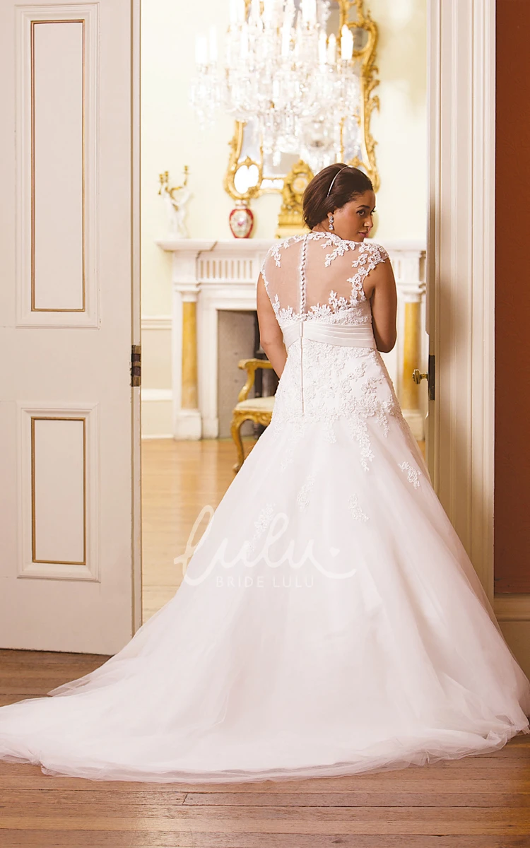 Illusion Lace Plus Size Wedding Dress with Queen Anne Neckline