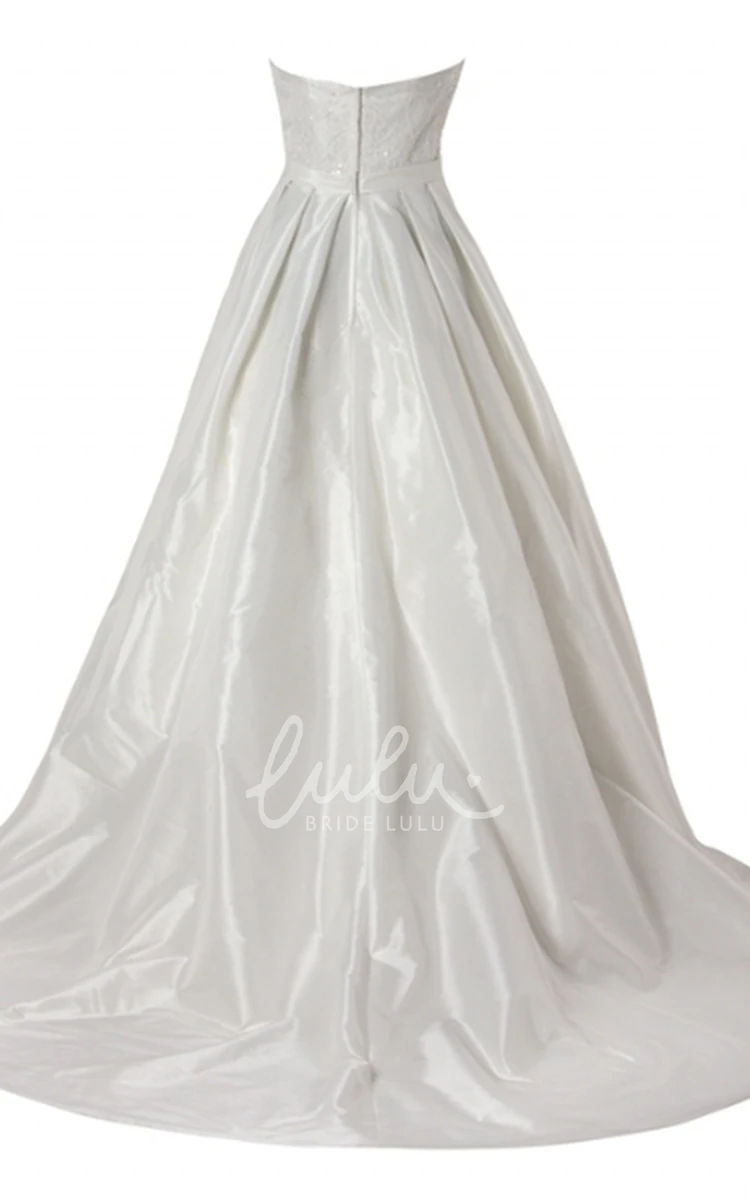 A-Line Floor-Length Appliqued Strapless Sleeveless Satin Wedding Dress Strapless Satin Wedding Dress with A-Line Silhouette and Appliques