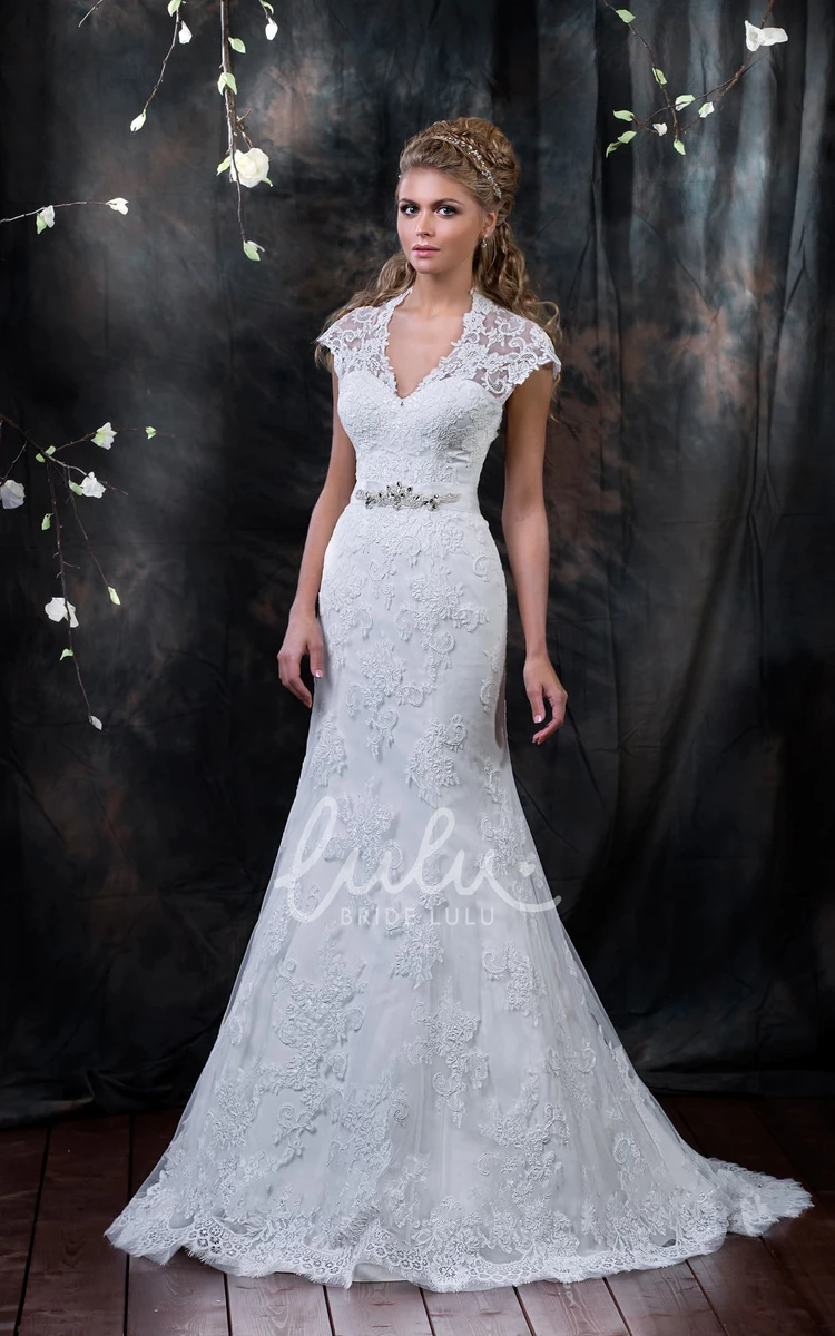 Lace Mermaid V-Neck Cap-Sleeve Wedding Dress with Beading and Appliques