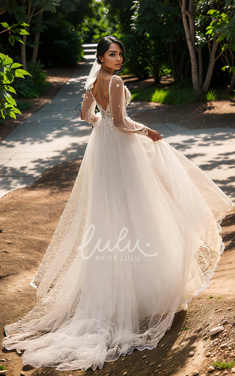 Elegant Romantic A-Line Plunging Neckline Floor-length Lace Appliques Tulle Wedding Dress Sexy Ethereal Spaghetti Long Sleeve Deep-V Back Bridal Gown