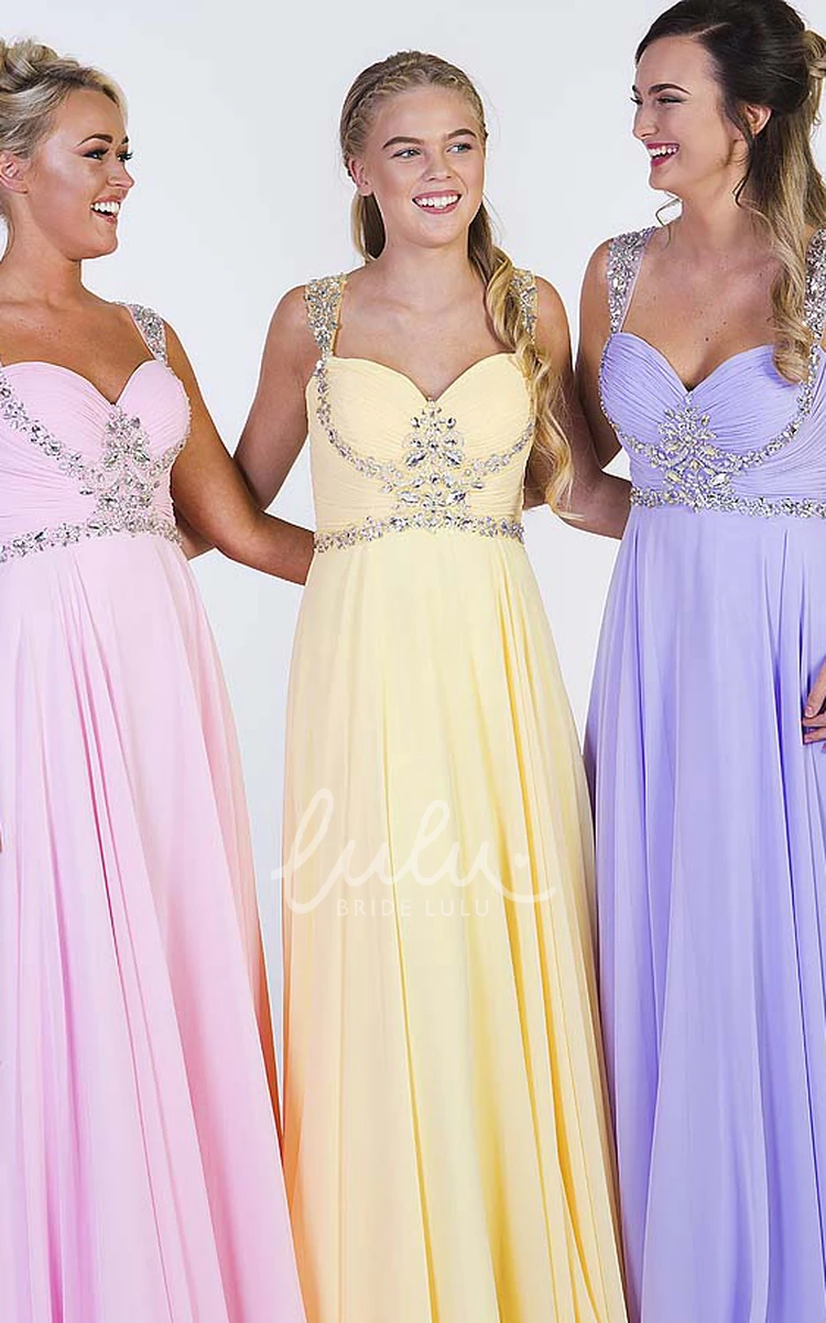 Ruched Chiffon Prom Dress A-Line Floor-Length Sleeveless Strapped Beading