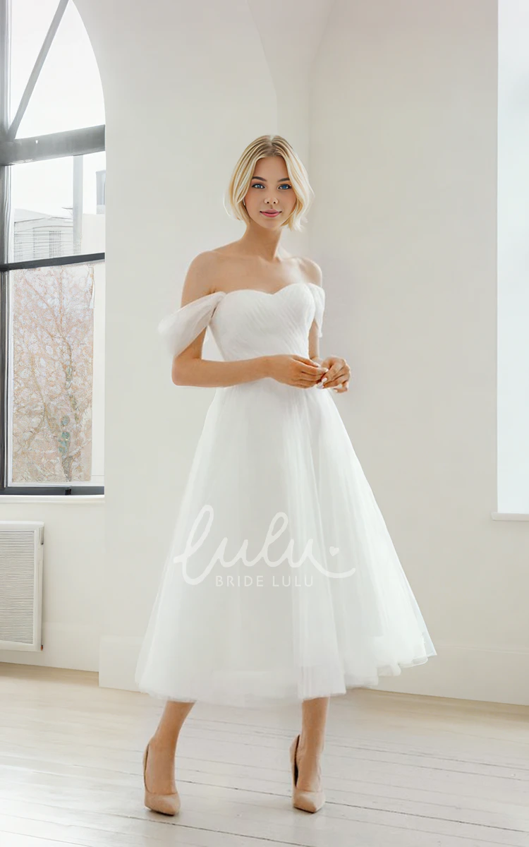 Tulle Simple Sexy Adorable Modern A-Line Off-the-shoulder Sweetheart Garden Petite Tea-length Pleats Sleeveless Backless Lace-up Back Wedding Dress Gown