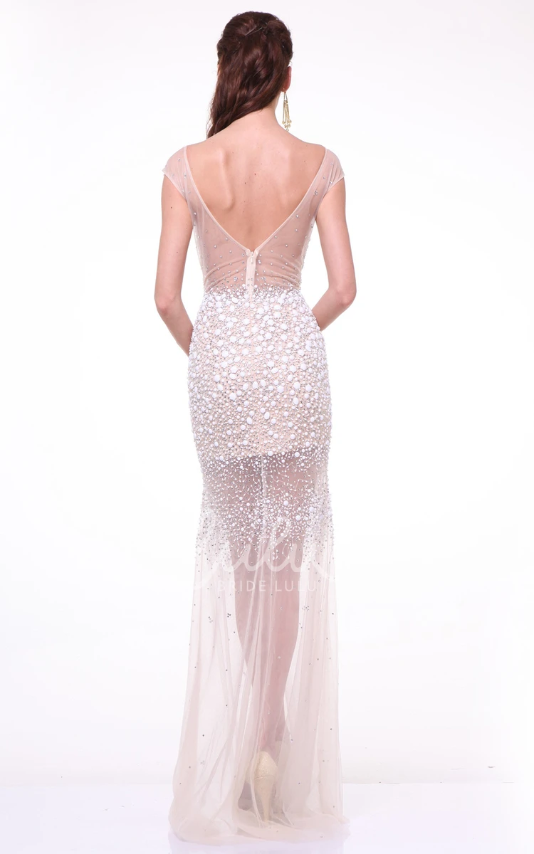 Crystal Sheath Cap-Sleeve Tulle Formal Dress with Deep-V Back