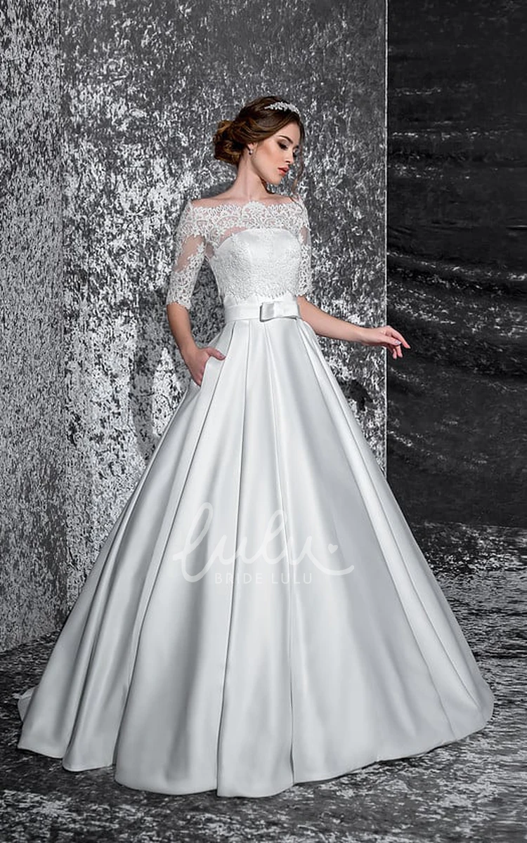Satin A-line Off-Shoulder Dress with Lace Illusion Sleeves Wedding Dress