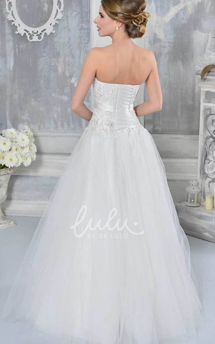 Beaded Tulle Strapless A-Line Wedding Dress with Bow Elegant Floor-Length Gown