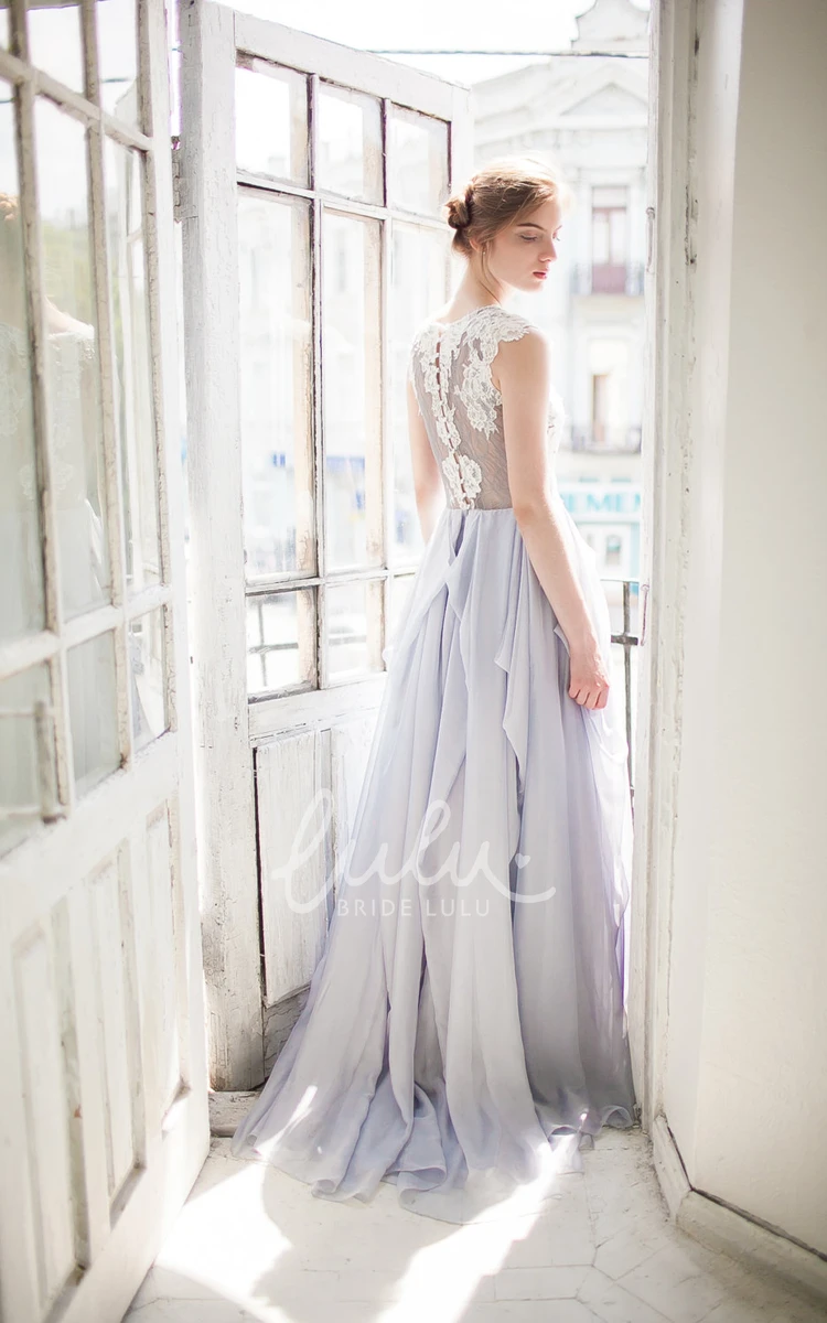 A-Line Chiffon Draped Dress with Lace Applique Top Sleeveless Jewel Neckline