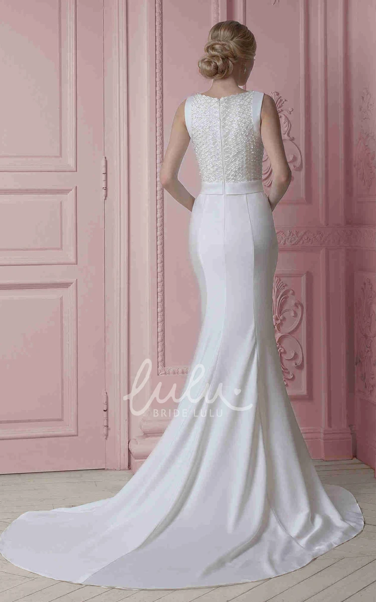 Sleeveless Beaded Satin Wedding Dress with Scoop Neck and Bow Elegant Wedding Dress 2024