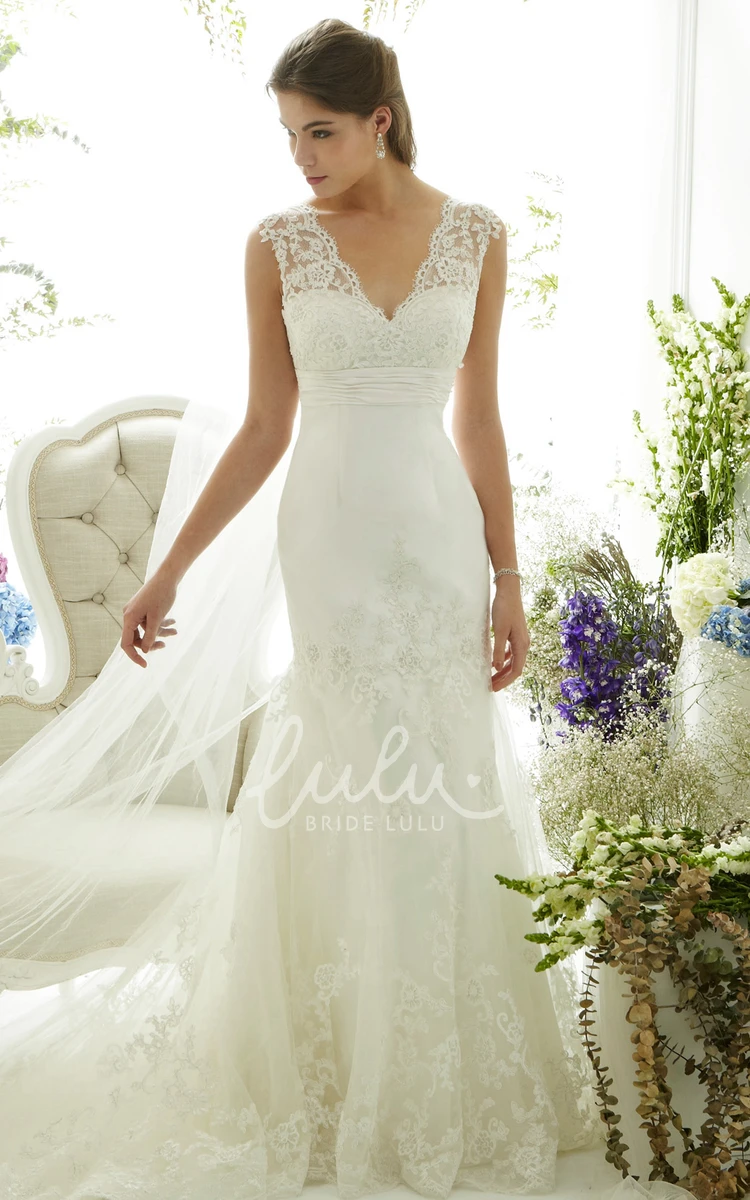 V-Neck Cap-Sleeve Lace Wedding Dress Sheath Elegant 2024 Women's