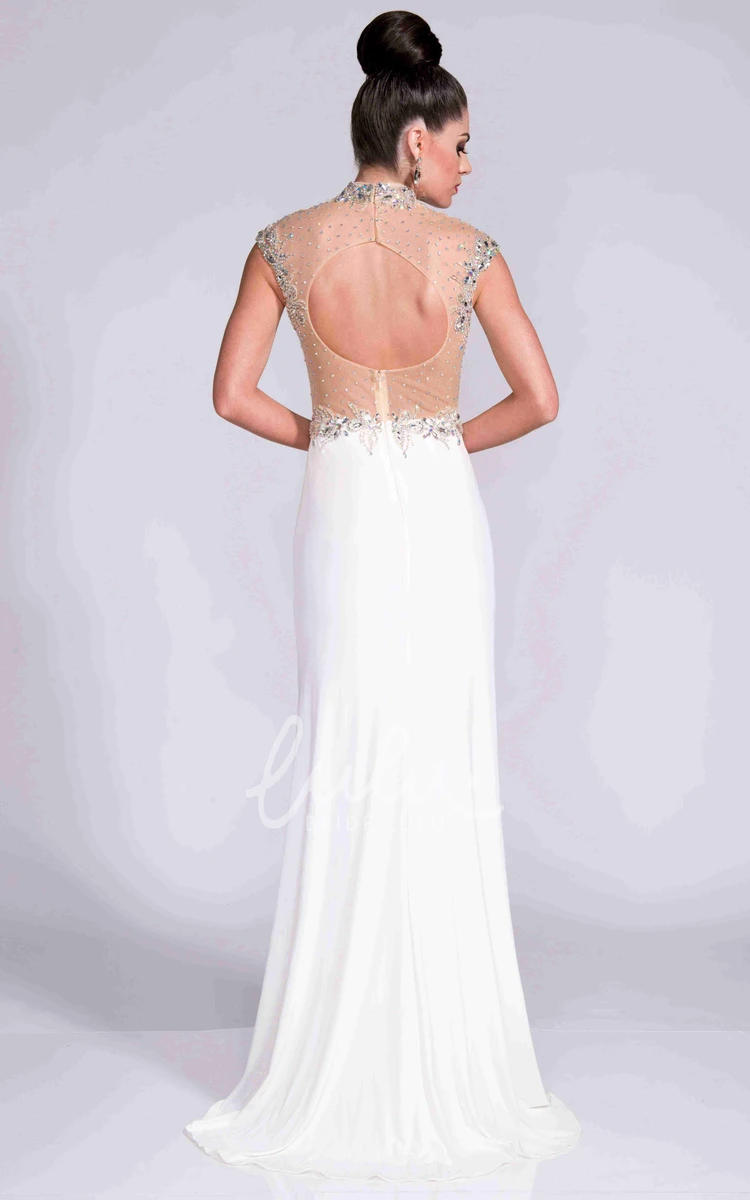 Keyhole Back Cap Sleeve Jersey Prom Dress with Shining Top High Neck & Chic