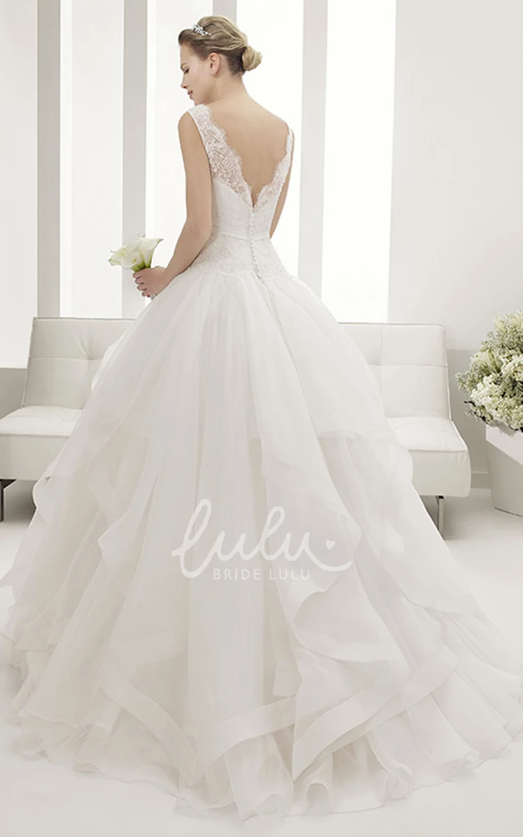 Bateau Neck Lace Bridal Gown with Layered Organza Skirt and V Back Classy Wedding Dress