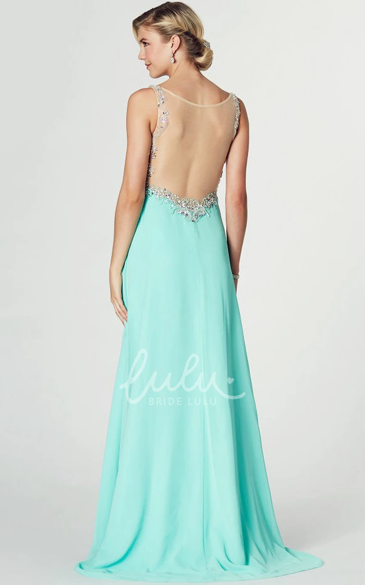 Sleeveless Chiffon Prom Dress with Bateau Neck and Criss-Cross Floor-Length