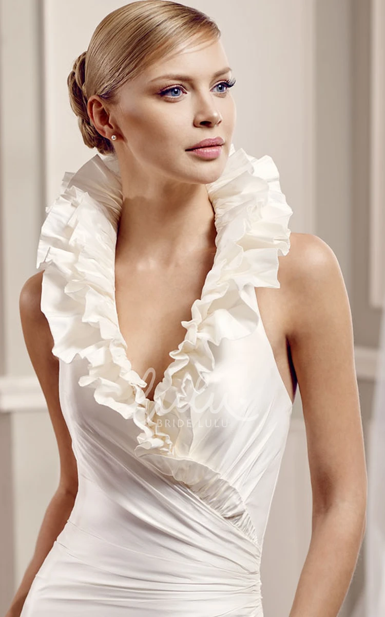 Ruffled Satin Wedding Dress with Backless Style and Side Draping A-Line V-Neck