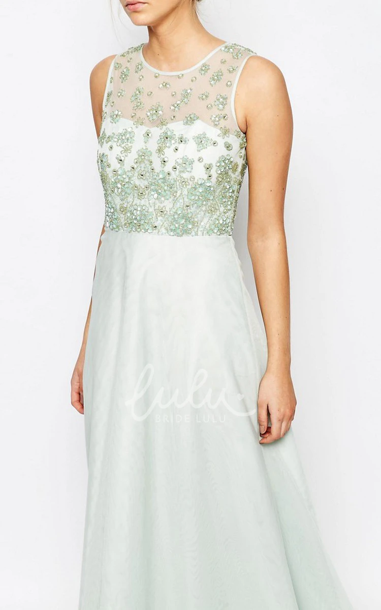 A-Line Beaded Tulle Bridesmaid Dress with Illusion Back and Scoop Neck Simple Country Dress