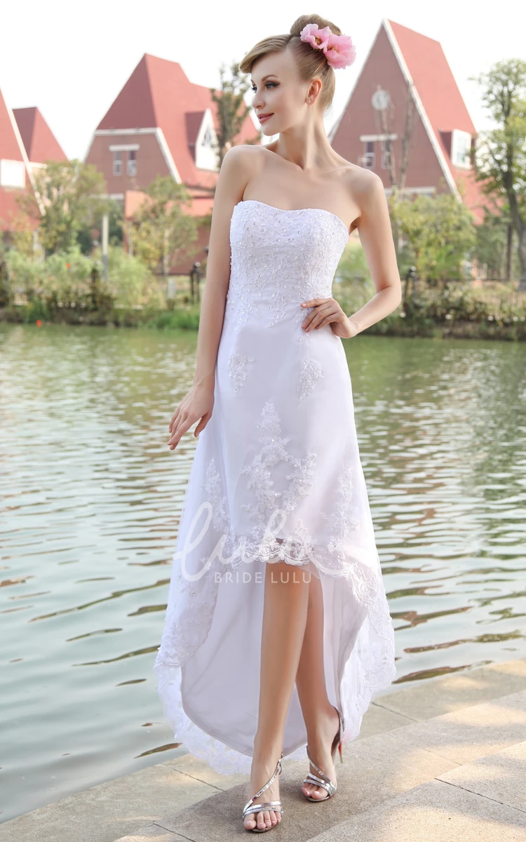 Strapless High-Low Organza Dress With Lace Appliques Gown