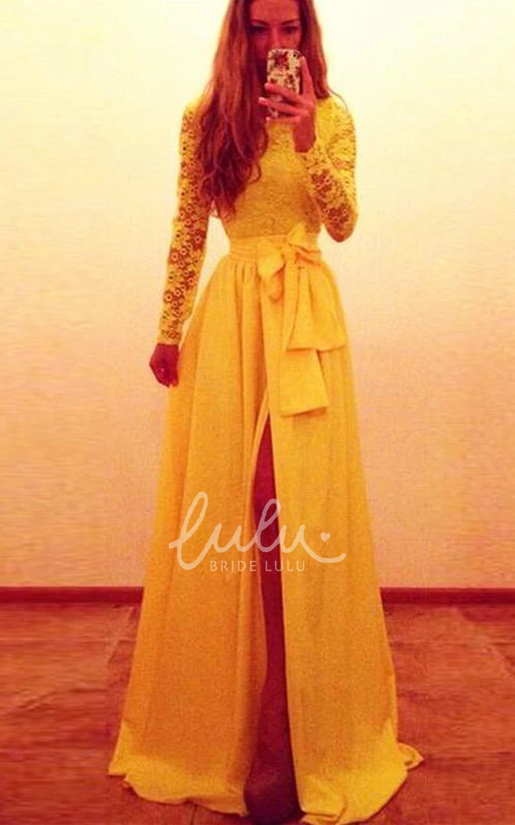 Yellow Chiffon Lace Evening Dress with Bowknot and Split