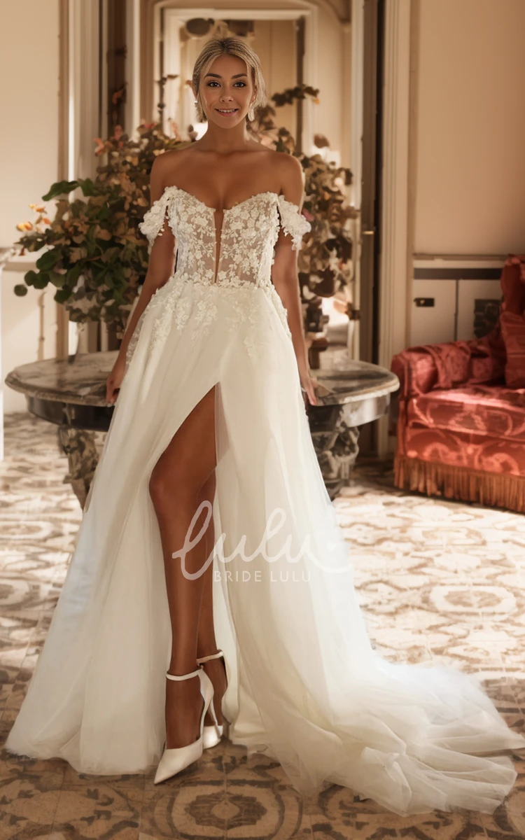 Summer Boho A-Line Off-the-Shoulder Lace Wedding Dress Modern Split Front Sleeveless Beach Bridal Gown