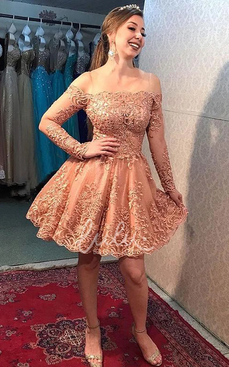 Off-the-shoulder A-line Lace Short Homecoming Dress with Long Sleeve and Appliques Adorable Bridesmaid Dress