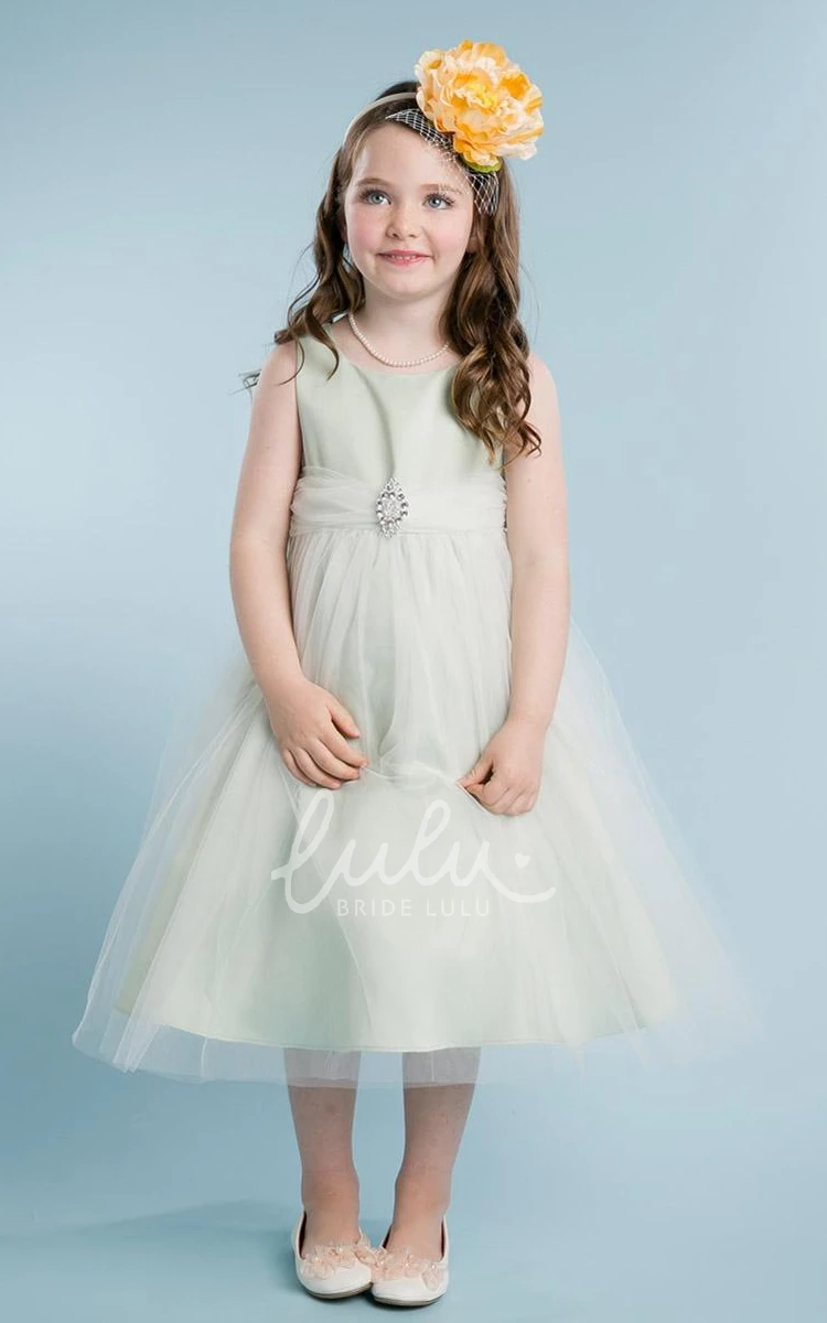 Broach Embellished Tea-Length Flower Girl Dress with Beaded Tulle and Satin