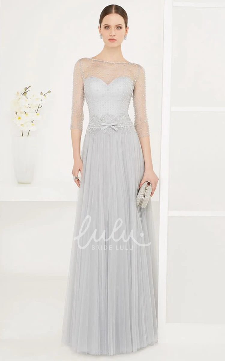 Pleated Tulle Jewel Neck Prom Dress with Sequin Belt