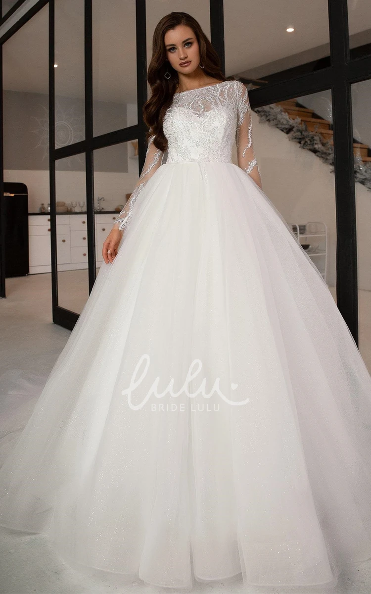 Modest A Line Tulle Wedding Dress with Long Sleeves and Beading Modern Wedding Dress