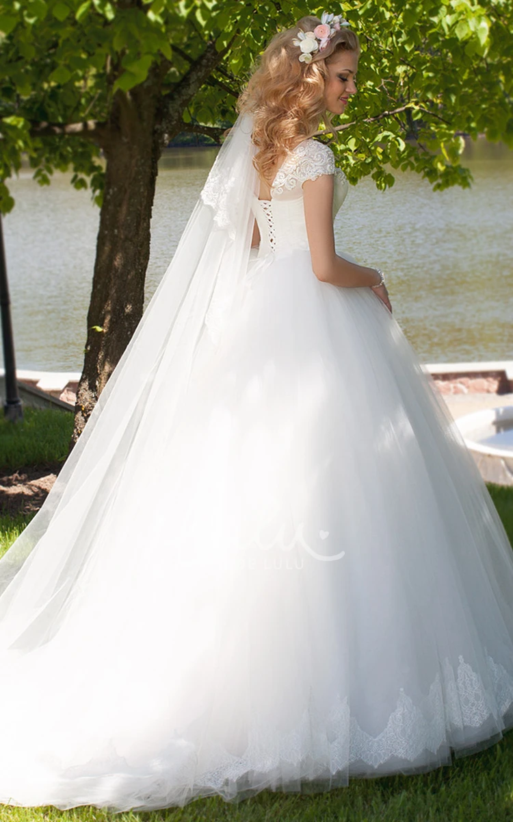 V-Neck Ruched Tulle Wedding Dress with Cap Sleeves Ball Gown Cap Sleeve Ruched Tulle V-Neck Wedding Dress