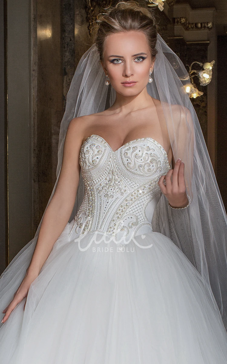 Sweetheart Beaded Tulle Wedding Dress with Brush Train Sleeveless Ball Gown