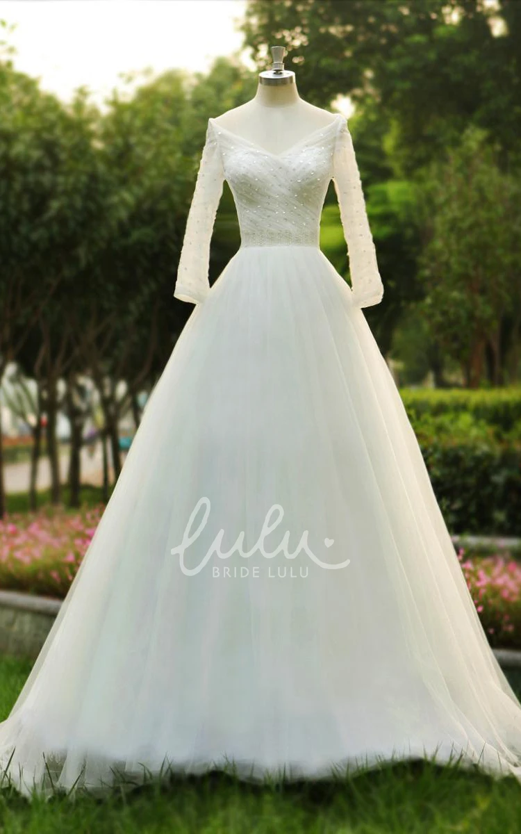 Tulle Ball Gown with V-Neck and Brush Train for Prom or Wedding