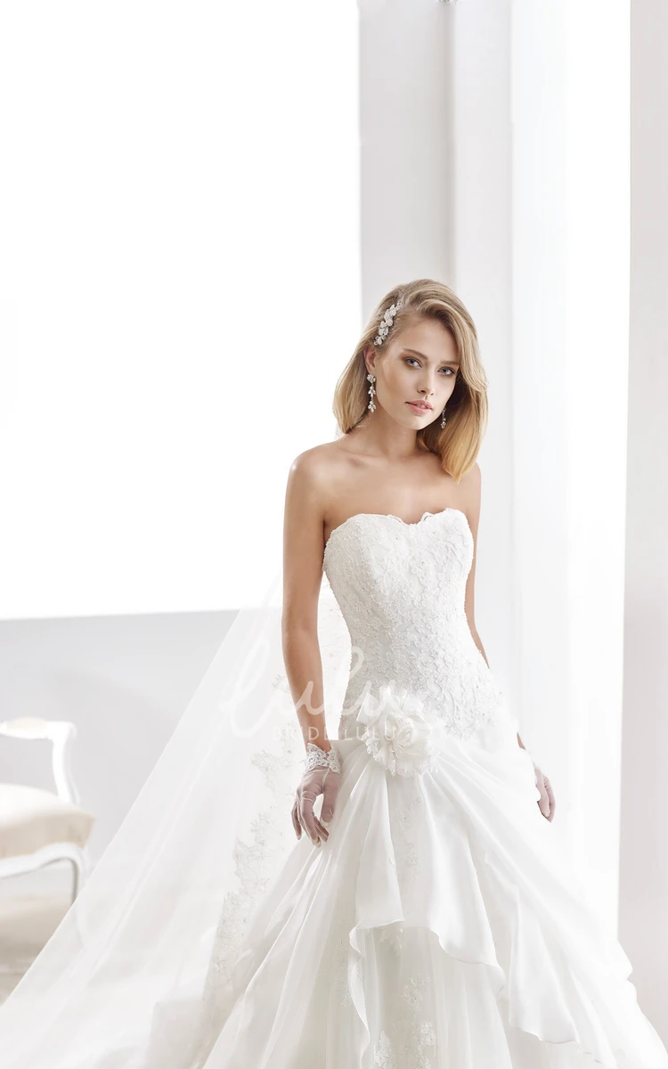 Strapless Lace A-Line Wedding Dress with Floral Decorations and Side Ruffles